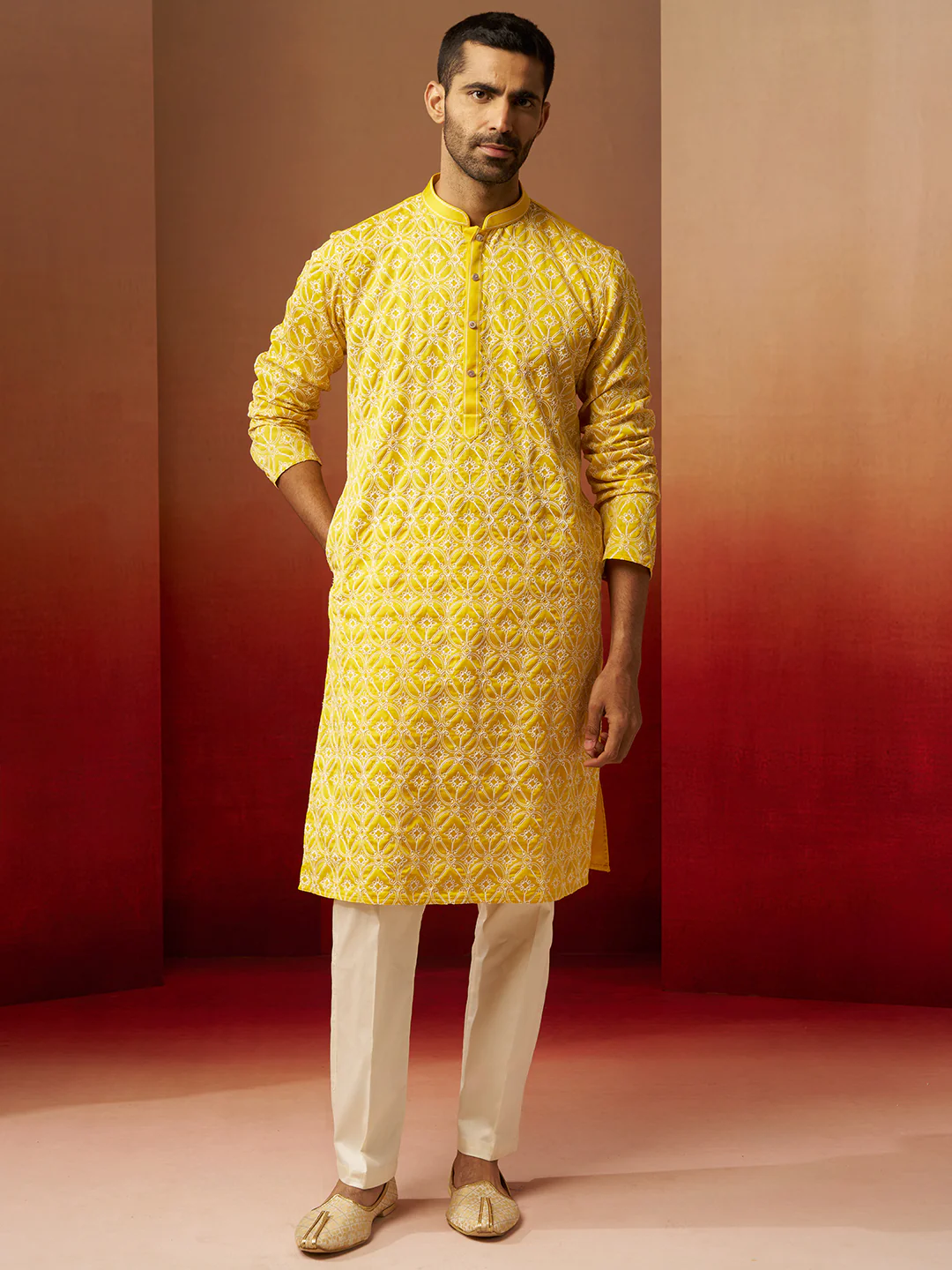 Vastramay Men Yellow Linen Silk Thread Embroidered Kurta - Image 5