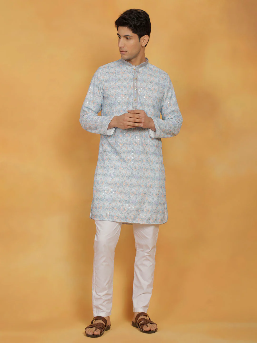 Men's Aqua And White Cotton Blend Kurta And Pyjama Set