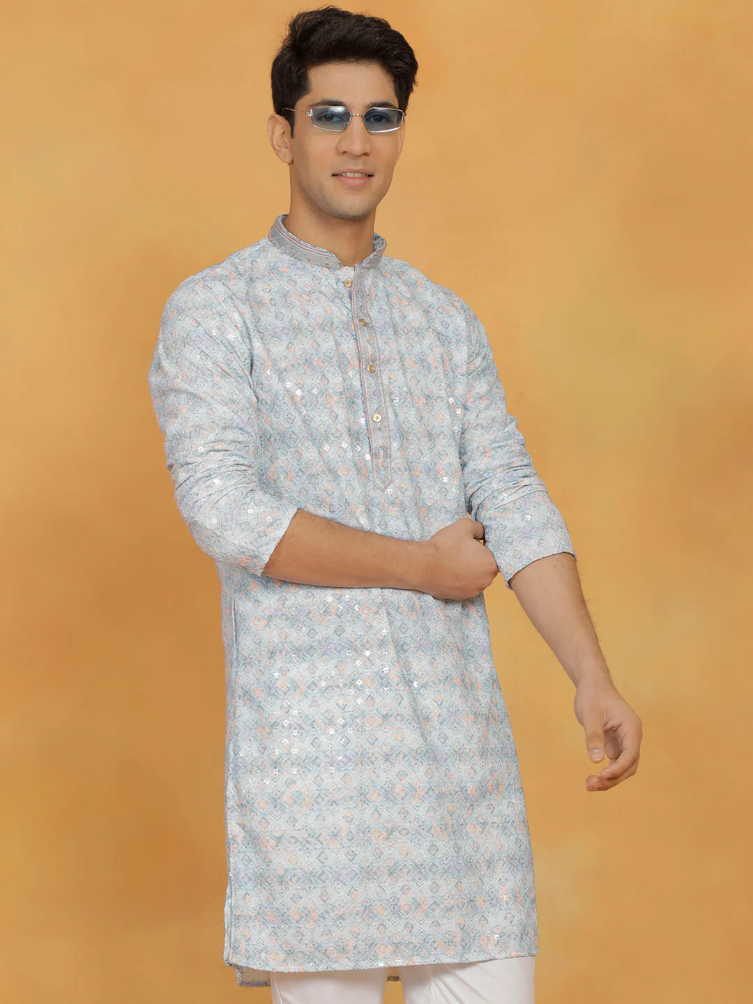 Men's Aqua Cotton Blend Kurta - Image 2