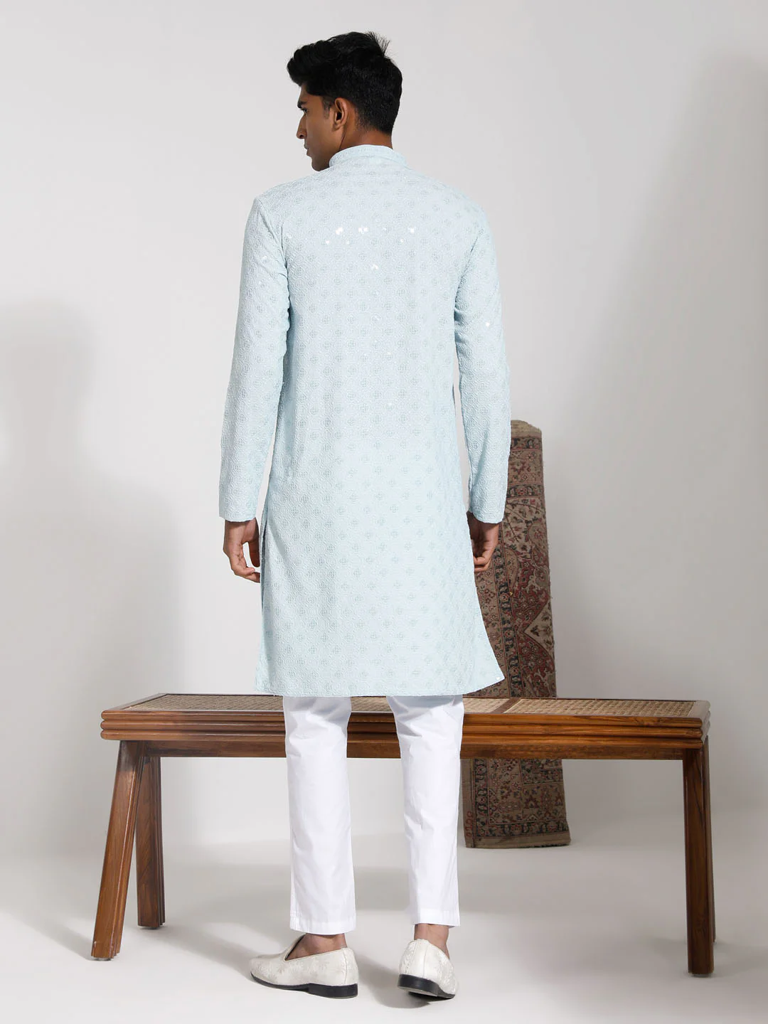 Men's Aqua Rayon Kurta And Pyjama Set - Image 3