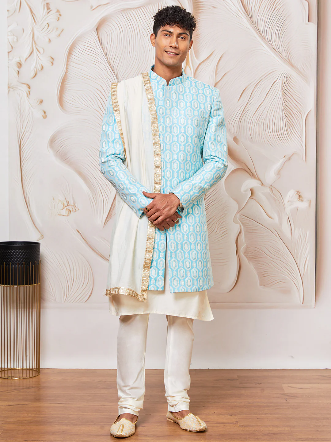 Men's Aqua Silk Blend Indowestern, Kurta Pyjama And Dupatta Set - Image 2