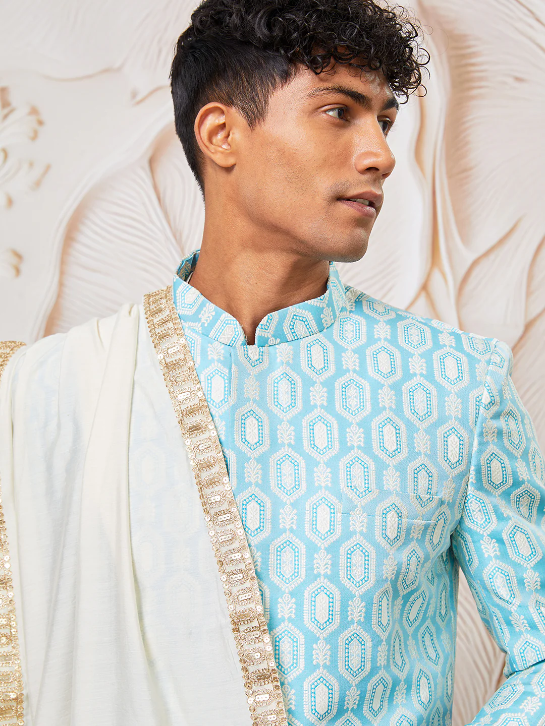 Men's Aqua Silk Blend Indowestern, Kurta Pyjama And Dupatta Set - Image 3