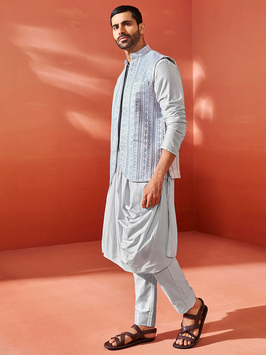 Men's Aqua Viscose Jacket,Kurta And Pyjama Set. - Image 4