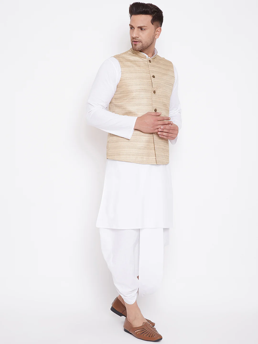 Men's Beige And White Cotton Blend Jacket, Kurta And Dhoti Set - Image 2