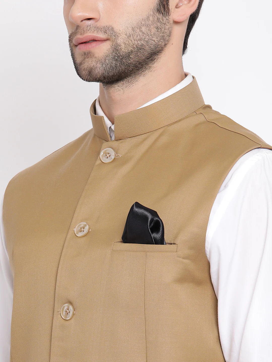 Men' S Beige Cotton Blend Twill Nehru Jacket - Image 5