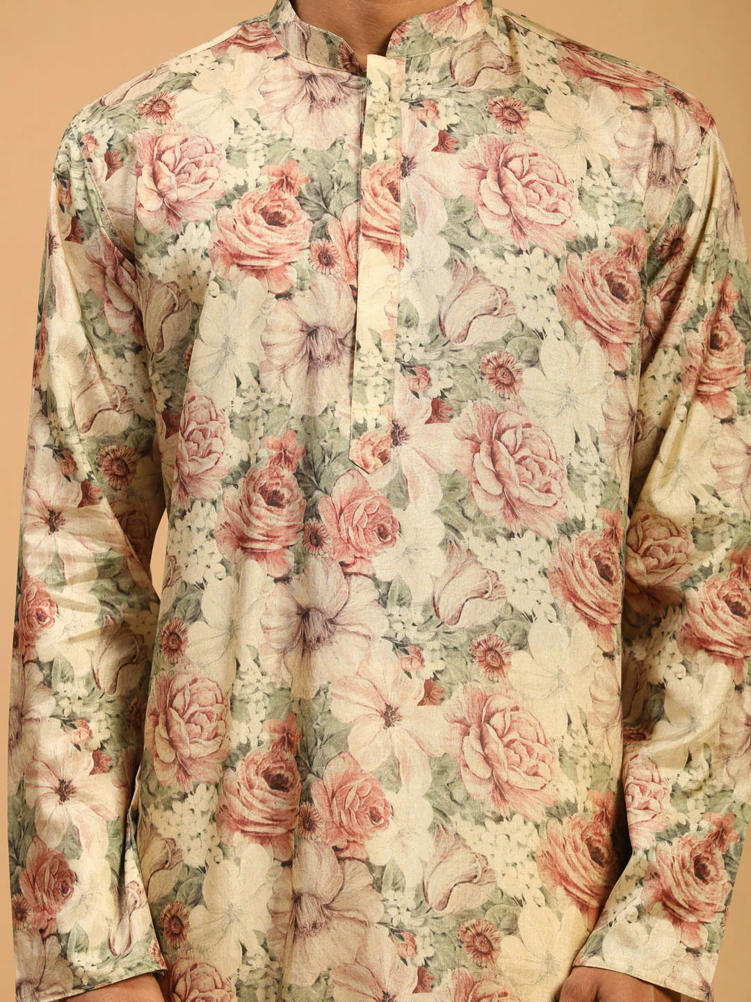 Men's Beige Floral Printed Kurta With Cream Solid Pant Style Viscose Pyjama Set - Image 4