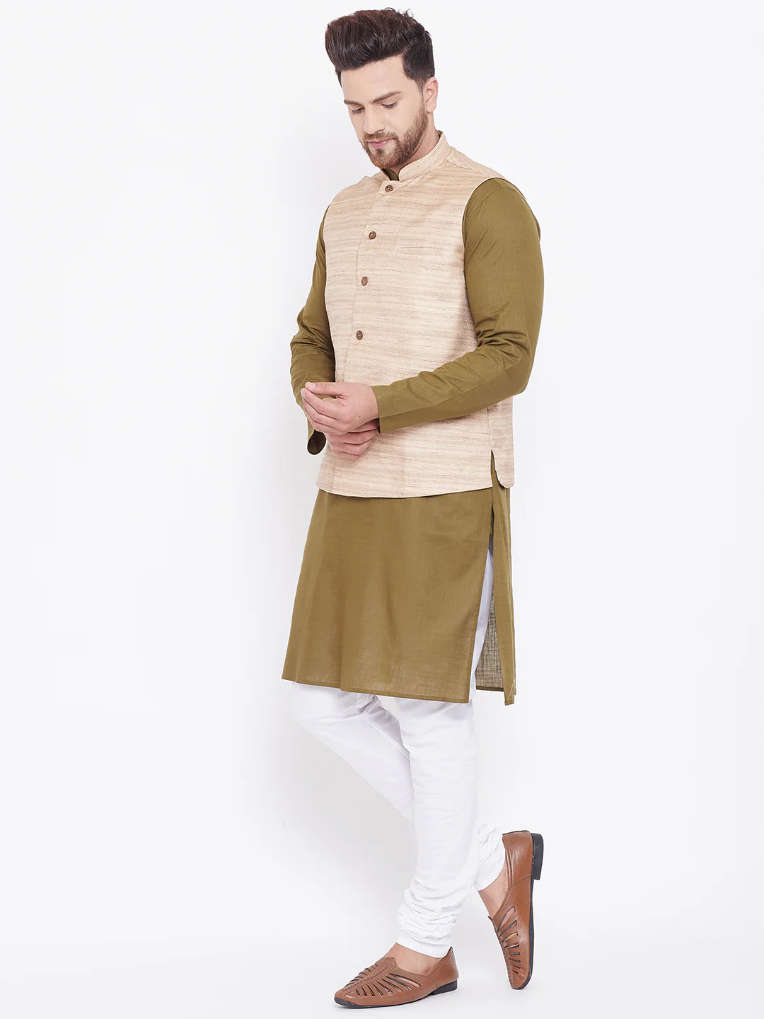 VASTRAMAY Men's Beige, Mehendi Green And White Cotton Blend Jacket, Kurta and Pyjama Set - Image 4