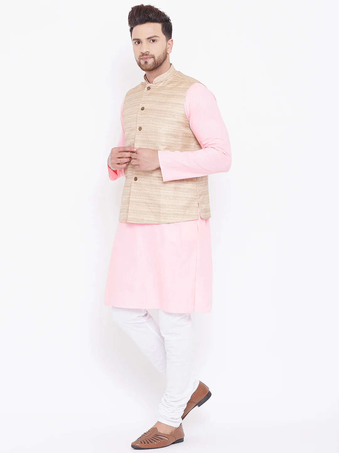 VASTRAMAY Men's Beige, Pink And White Cotton Blend Jacket, Kurta and Pyjama Set - Image 4