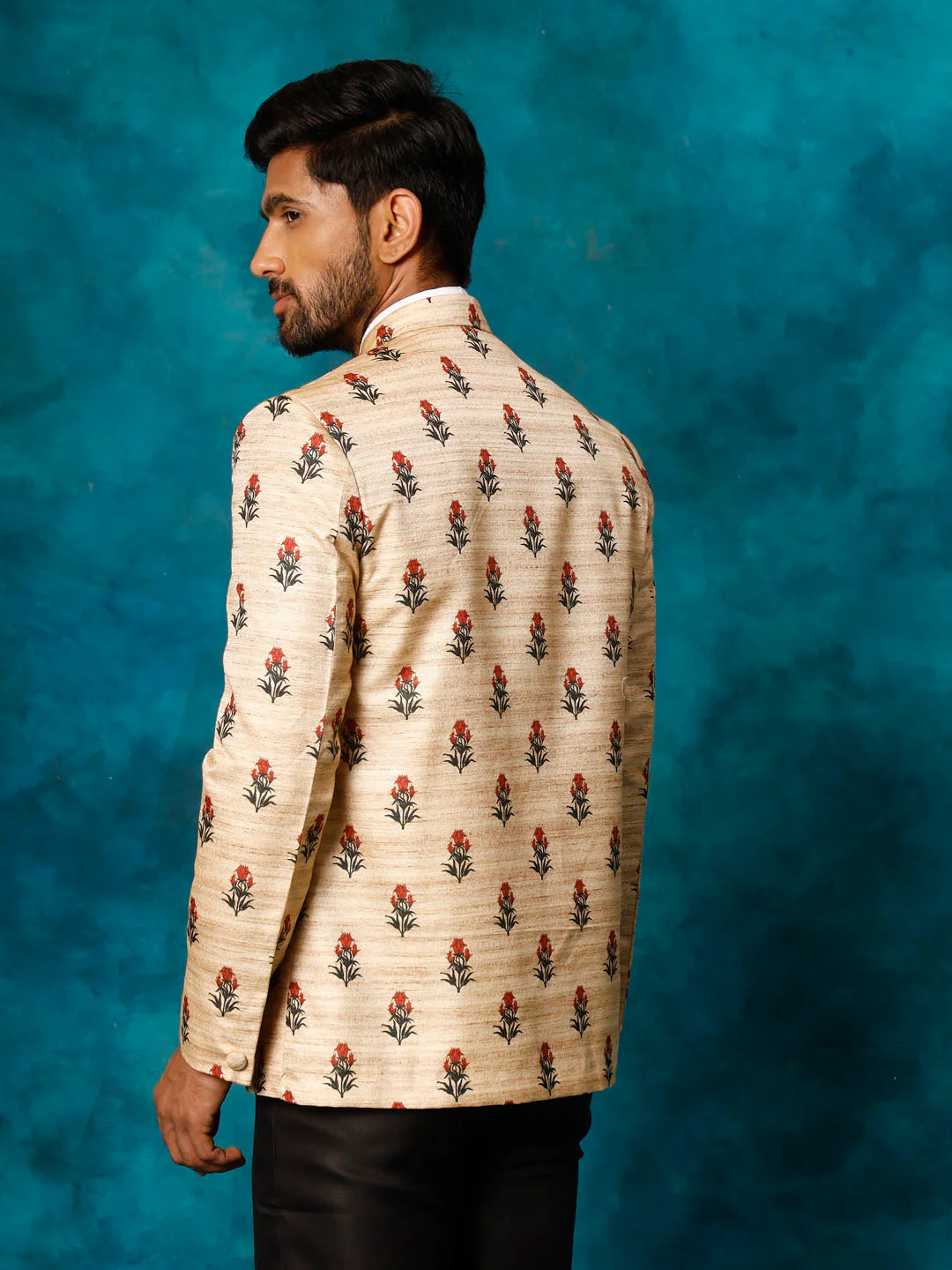 Men's Beige Printed Silk Jodhpuri - Image 3