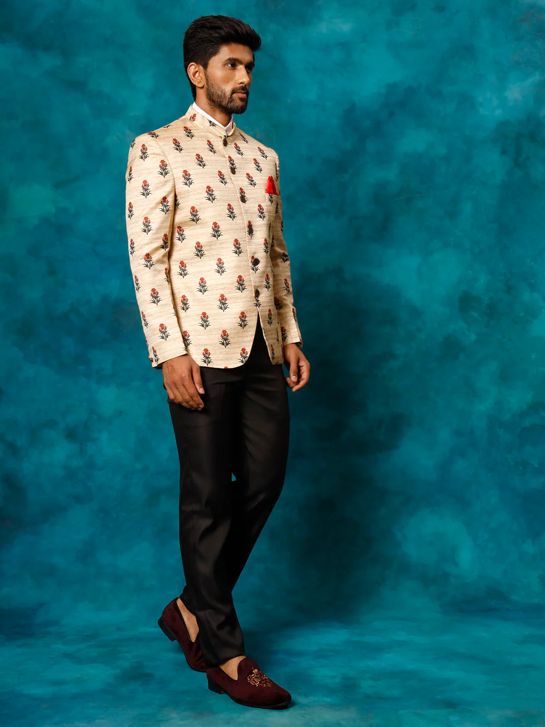 Men's Beige Printed Silk Jodhpuri - Image 6
