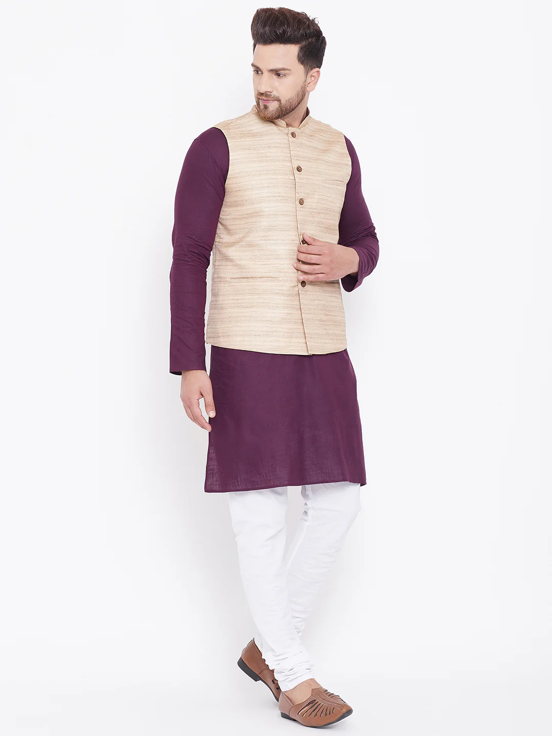 VASTRAMAY Men's Beige, Purple And White Cotton Blend Jacket, Kurta and Pyjama Set - Image 2