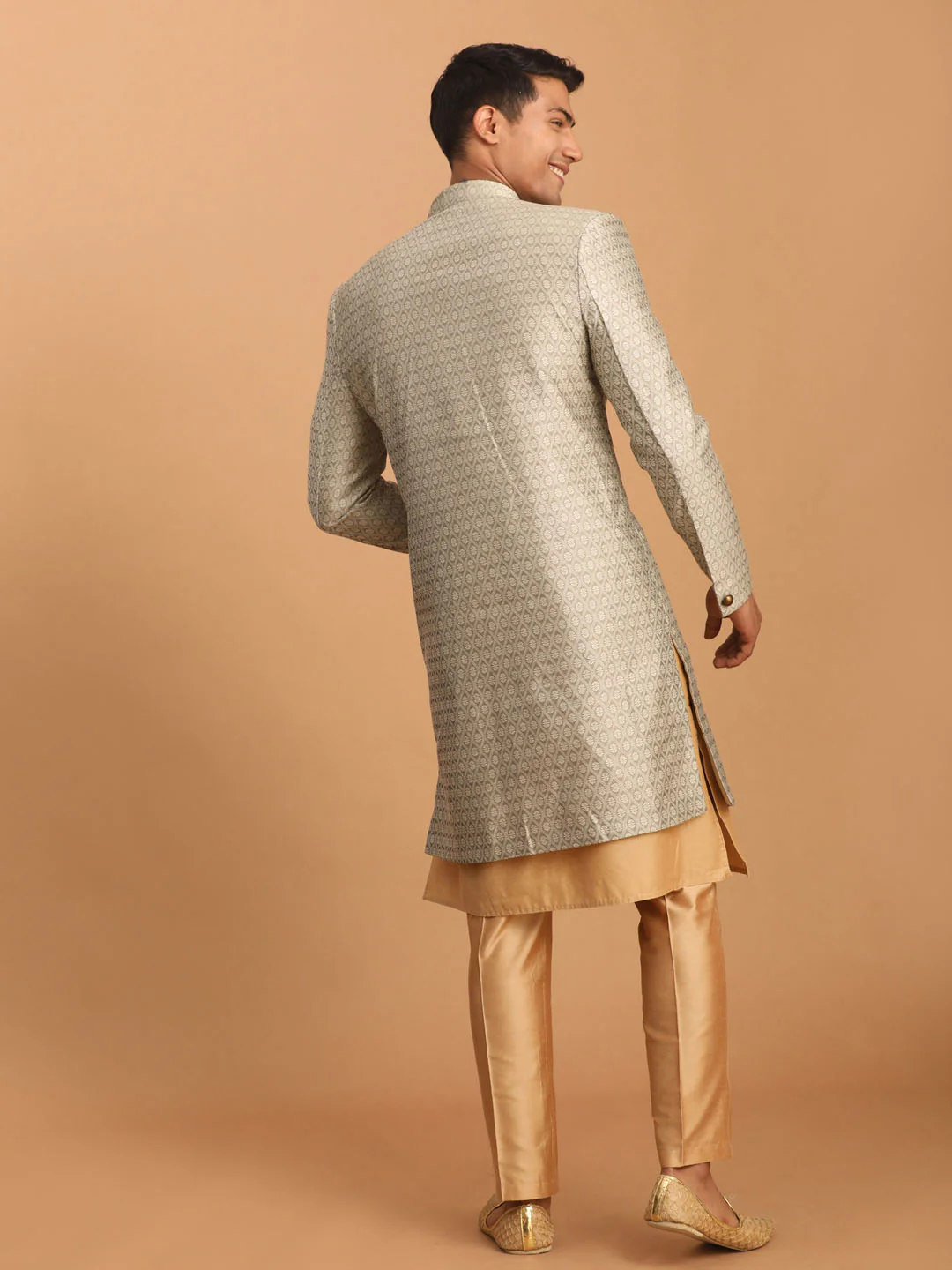 Men's Beige Silk Blend Sherwani With Rose Gold Kurta Pant Set - Image 3