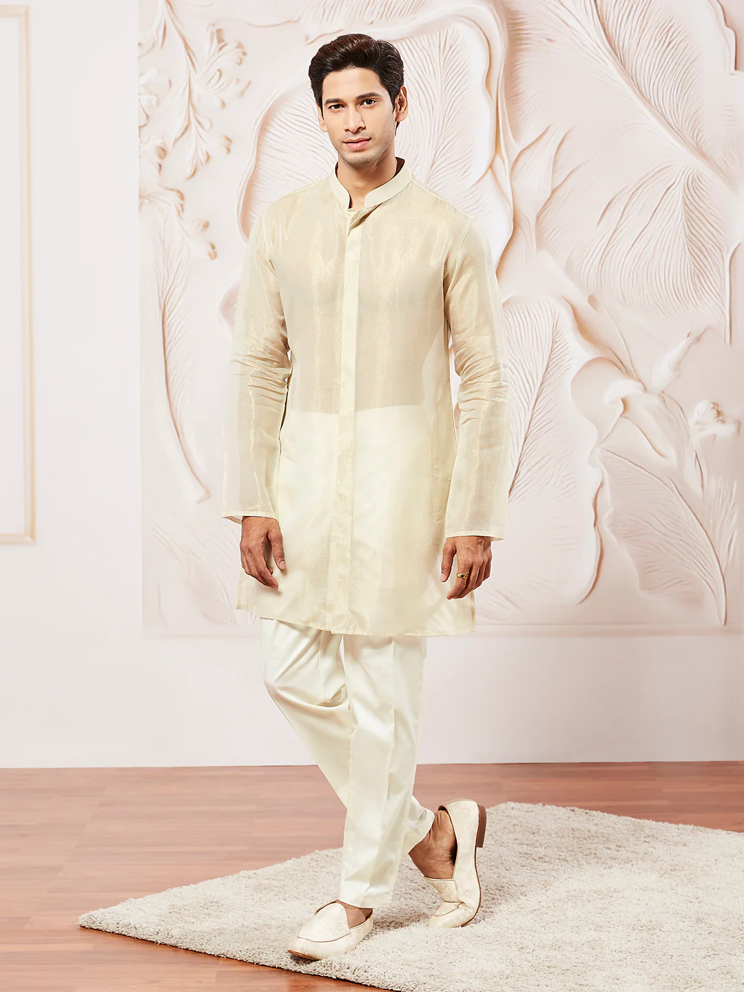 Men's Beige Tissue Silk Kurta - Image 6