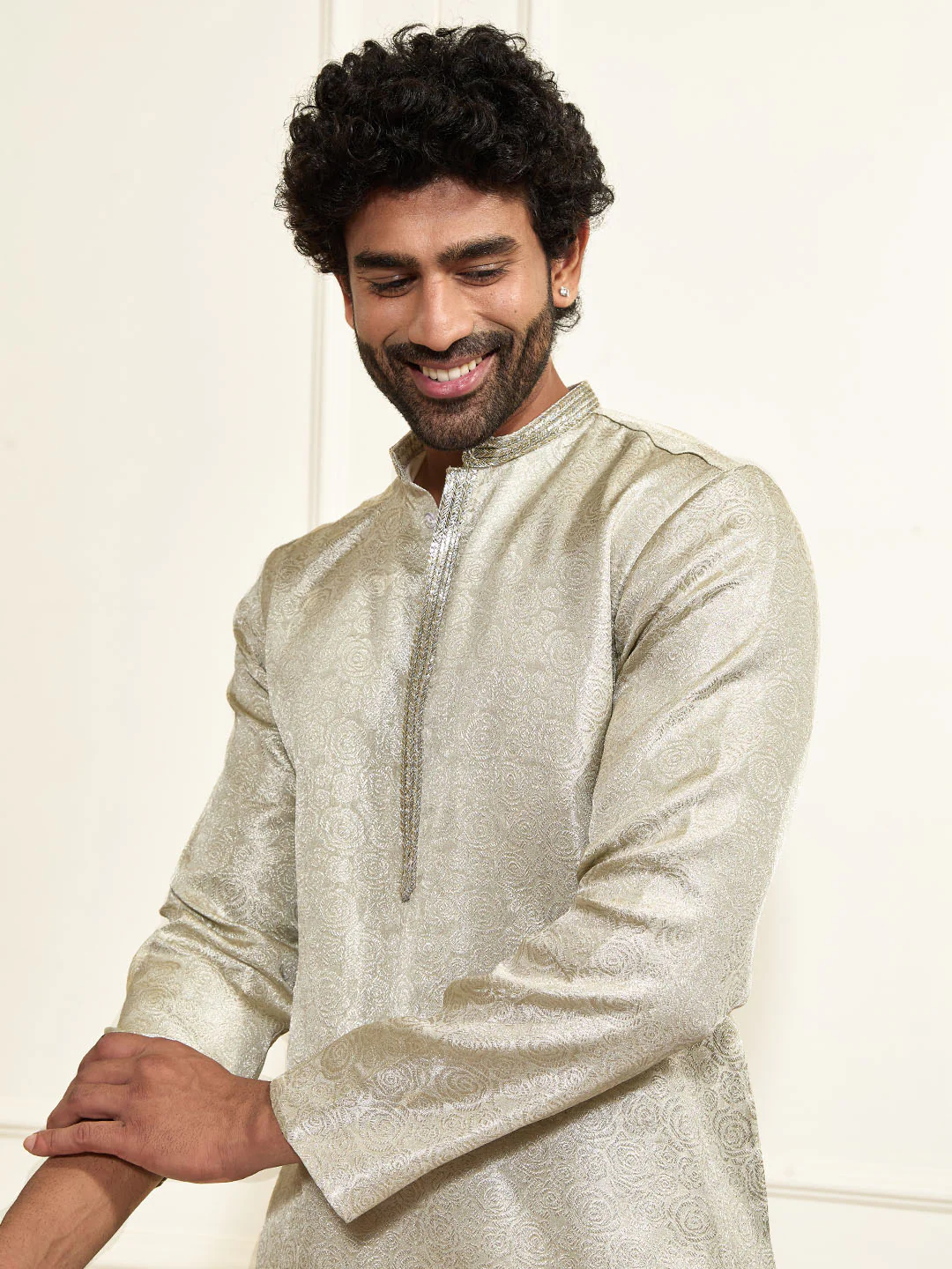 Men's Beige Tissue Silk Kurta - Image 3