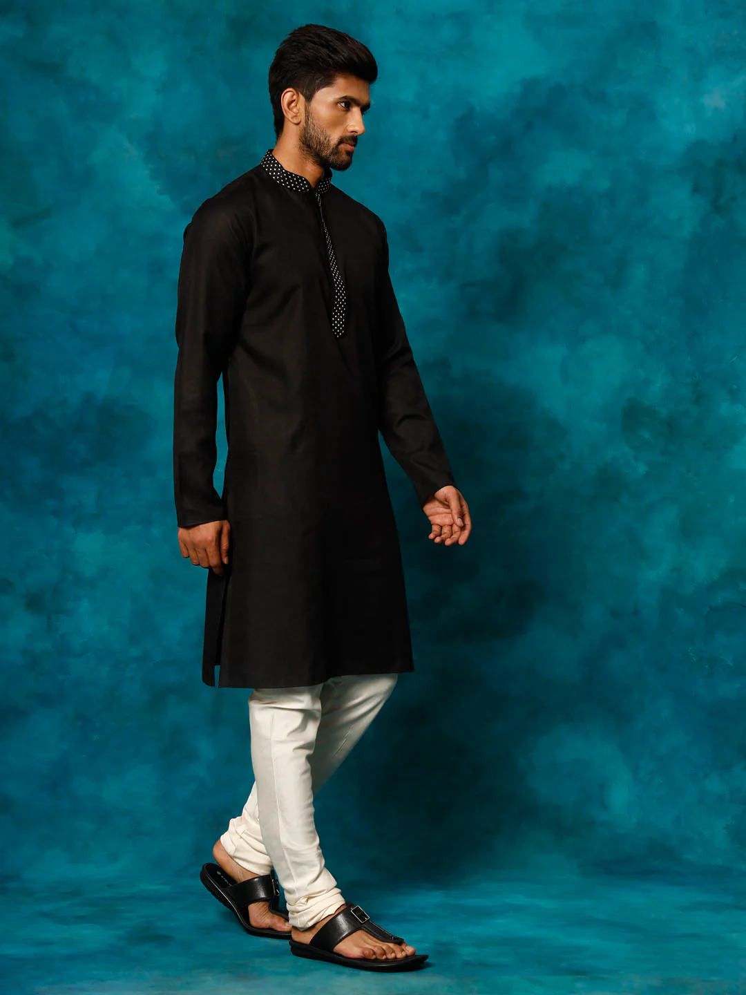 Men's Black And Cream Cotton Blend Kurta Pyjama Set - Image 2
