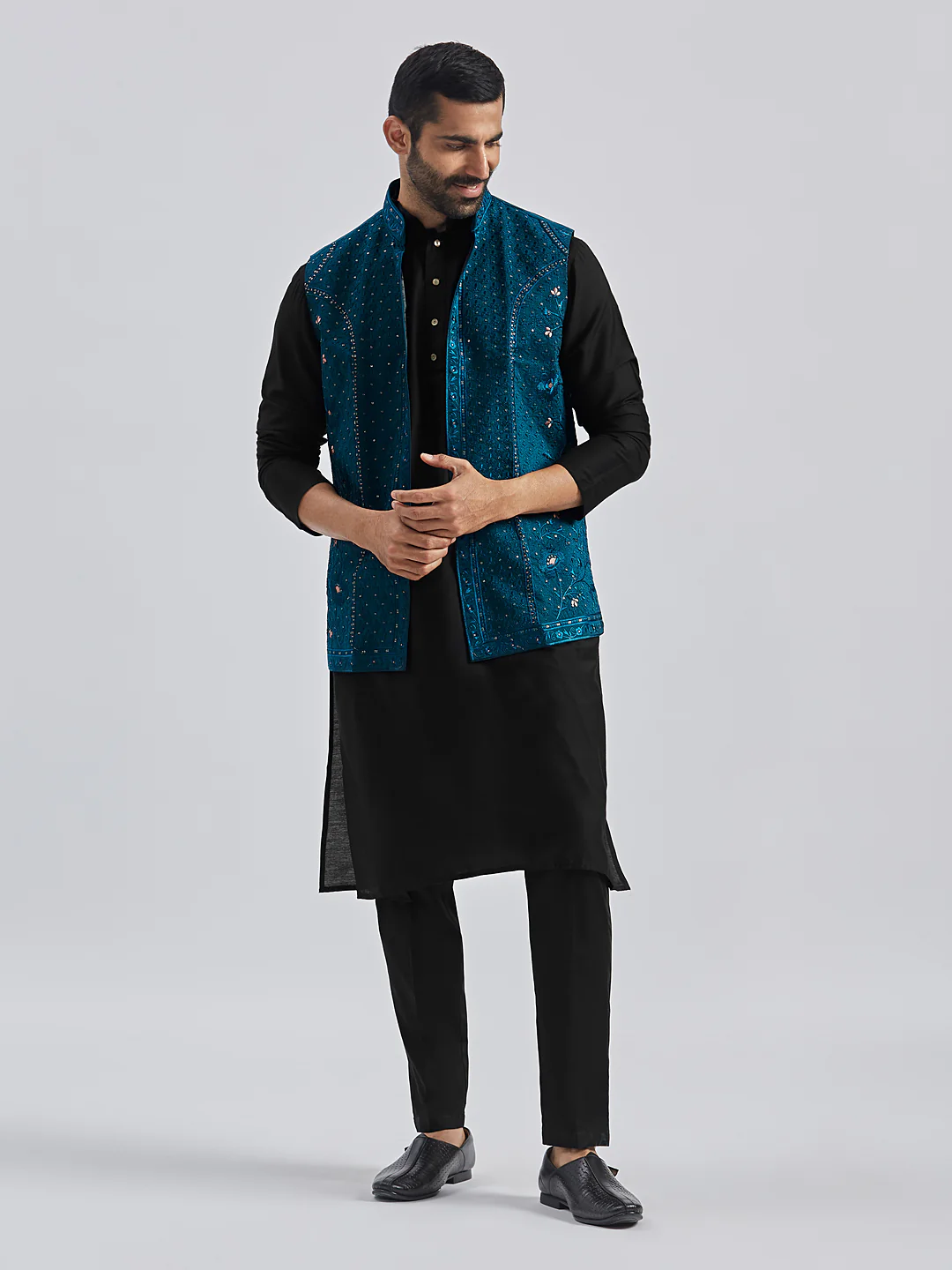 Men's Black And Turquoise Viscose Jacket, Kurta And Pyjama Set - Image 7
