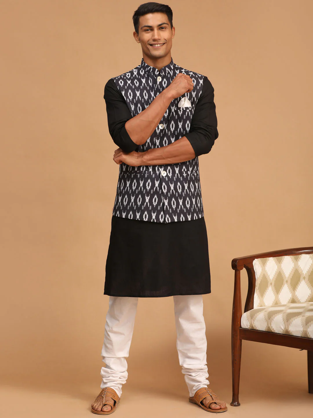 Men's Black Ikaat Printede Cotton Nehru Jacket With Black Kurta And White Pyjama Set