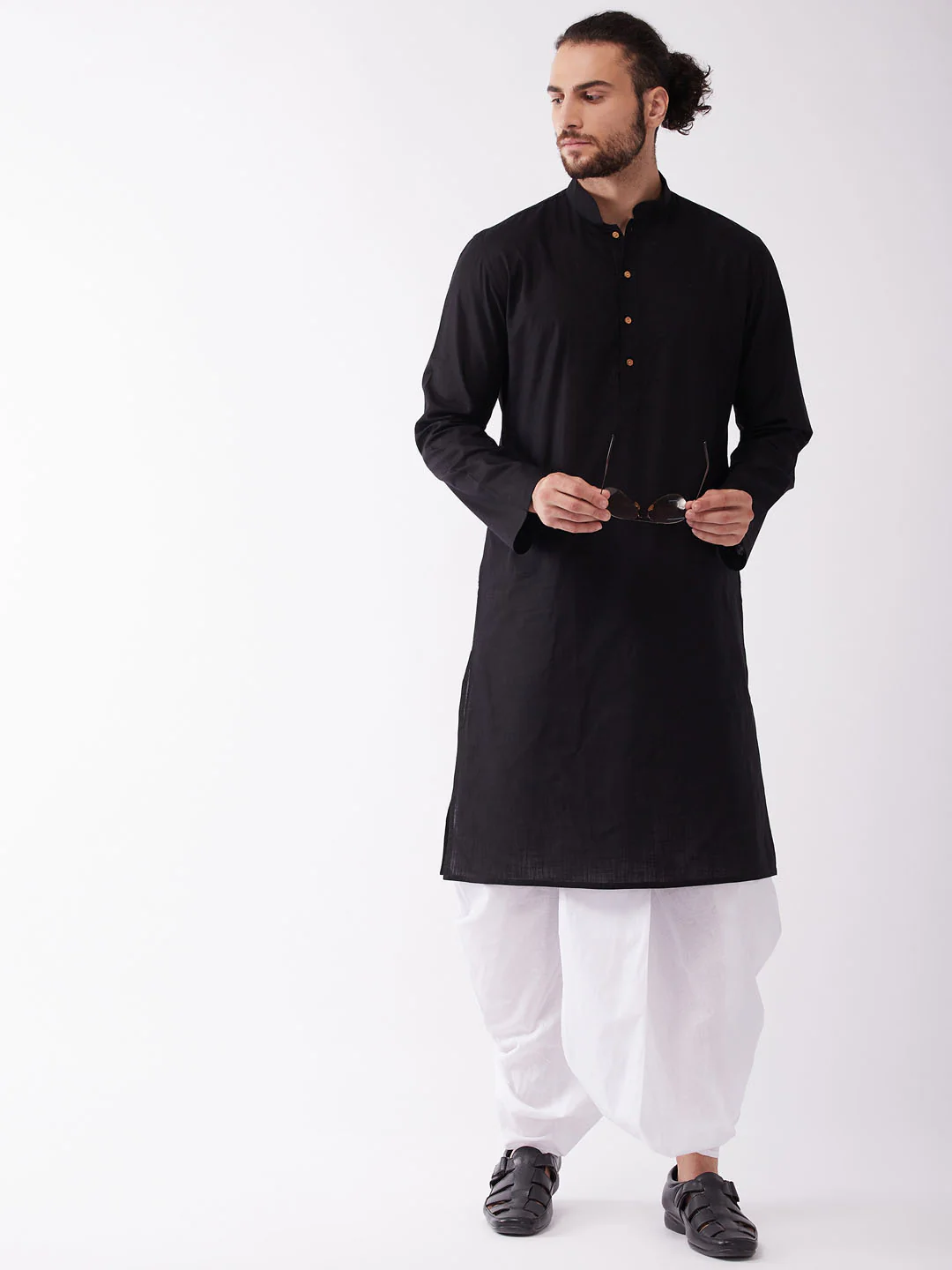 Men's Black Cotton Blend Kurta And White Dhoti Set - Image 6