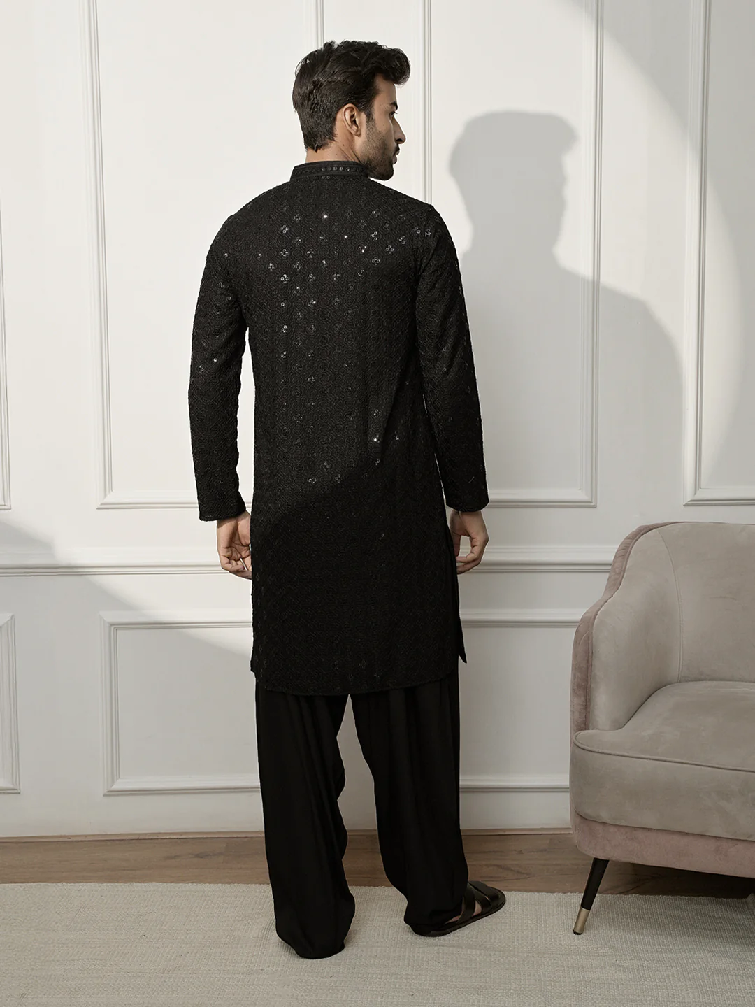 Men's Complete Black Chikankari Embroidered Kurta & Patiala - Image 2