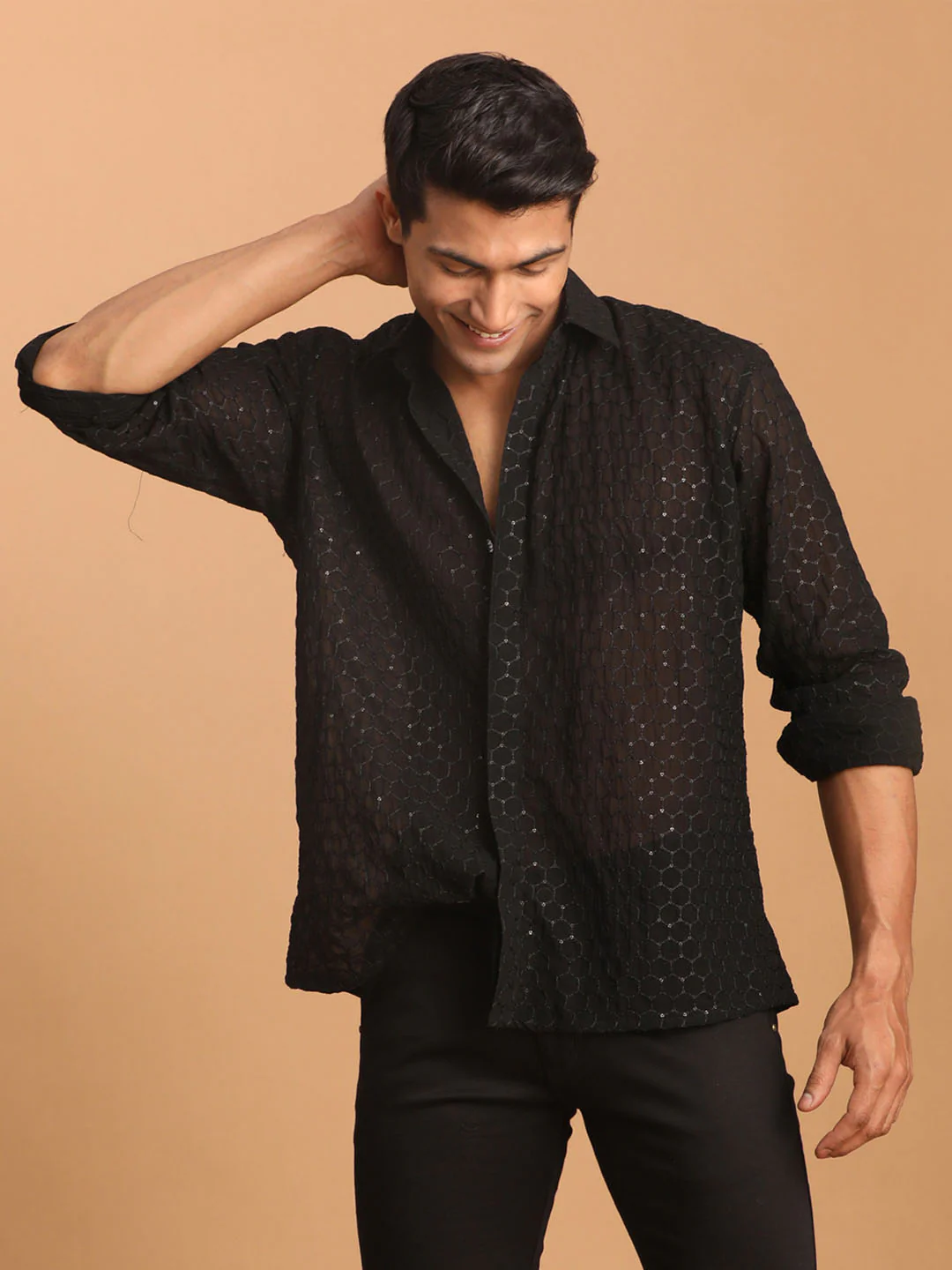 Men's Black Fancy Sequined Shirt - Image 5