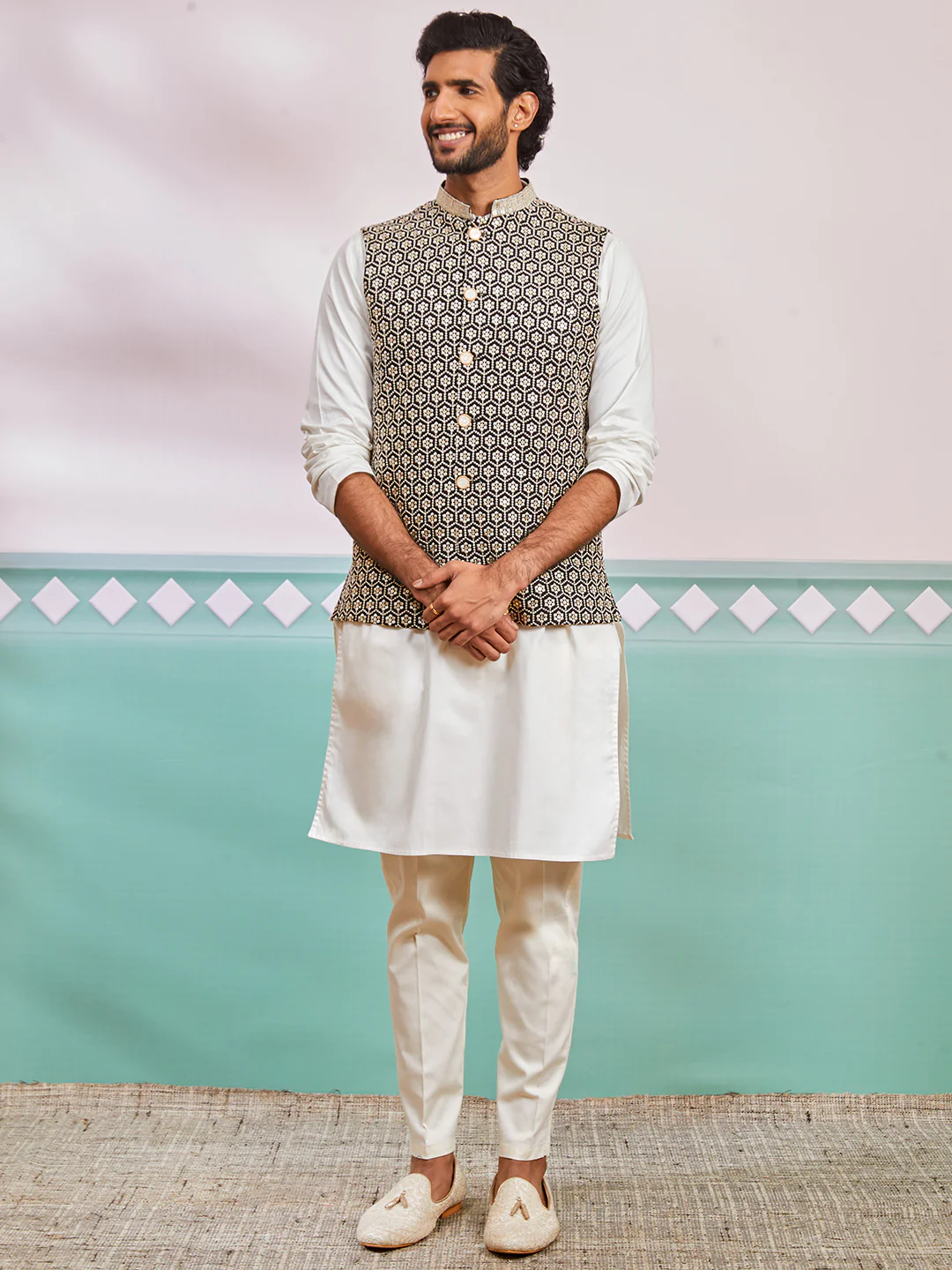 Men's Black Fine Satin Nehru Jacket, Kurta And Pyjama Set. - Image 2