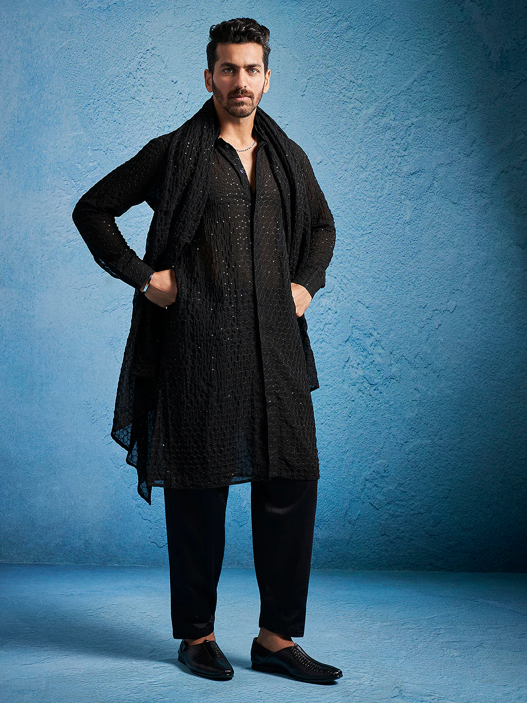 Men's Black Georgette Kurta, Pyjama & Dupatta Set - Image 7