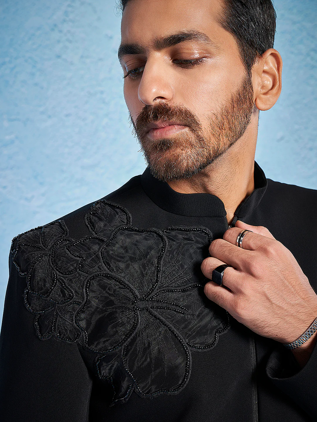 Men's Black Imported Suiting Lycra Sherwani Set - Image 3
