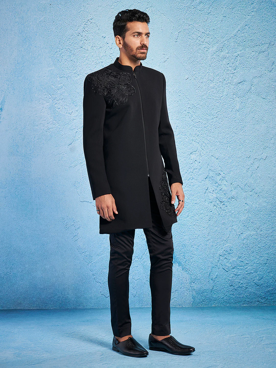 Men's Black Imported Suiting Lycra Sherwani Set - Image 4