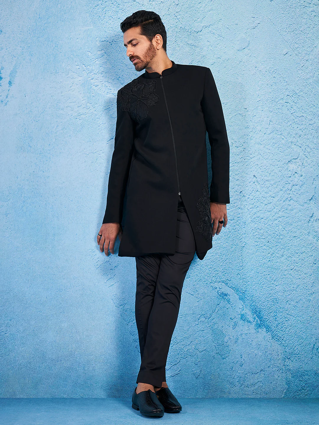 Men's Black Imported Suiting Lycra Sherwani Set - Image 7