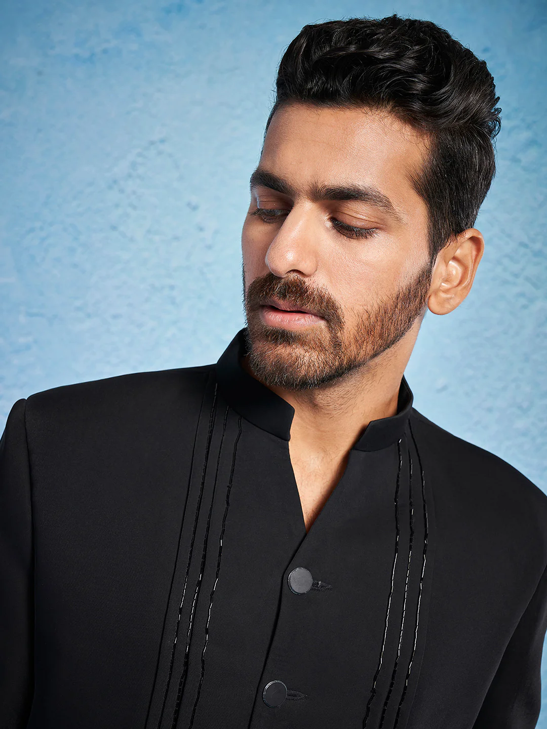Men's Black Imported Suiting Sherwani Only Top - Image 2