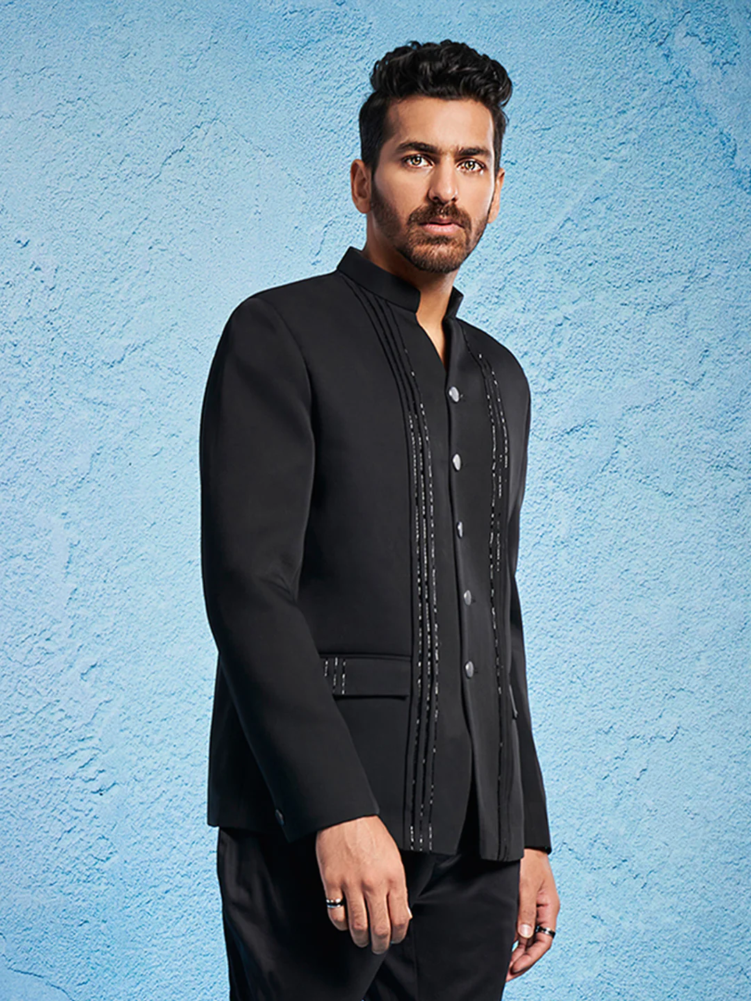 Men's Black Imported Suiting Sherwani Only Top - Image 3