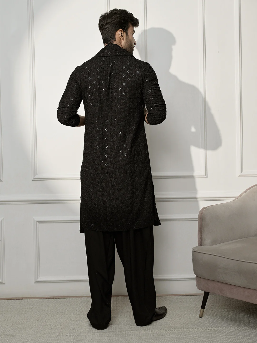 Men Black Embroidered Kurta With Patiala & Dupatta - Image 2