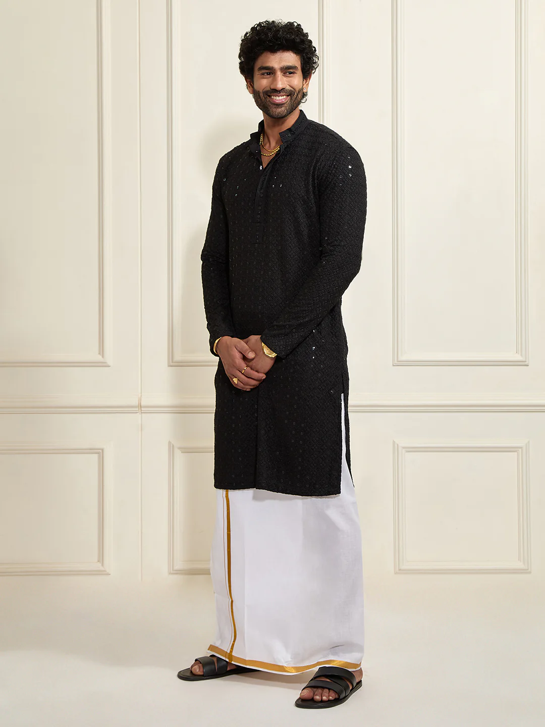 Men's Black Rayon Cotton Kurta And Mundu Set - Image 4