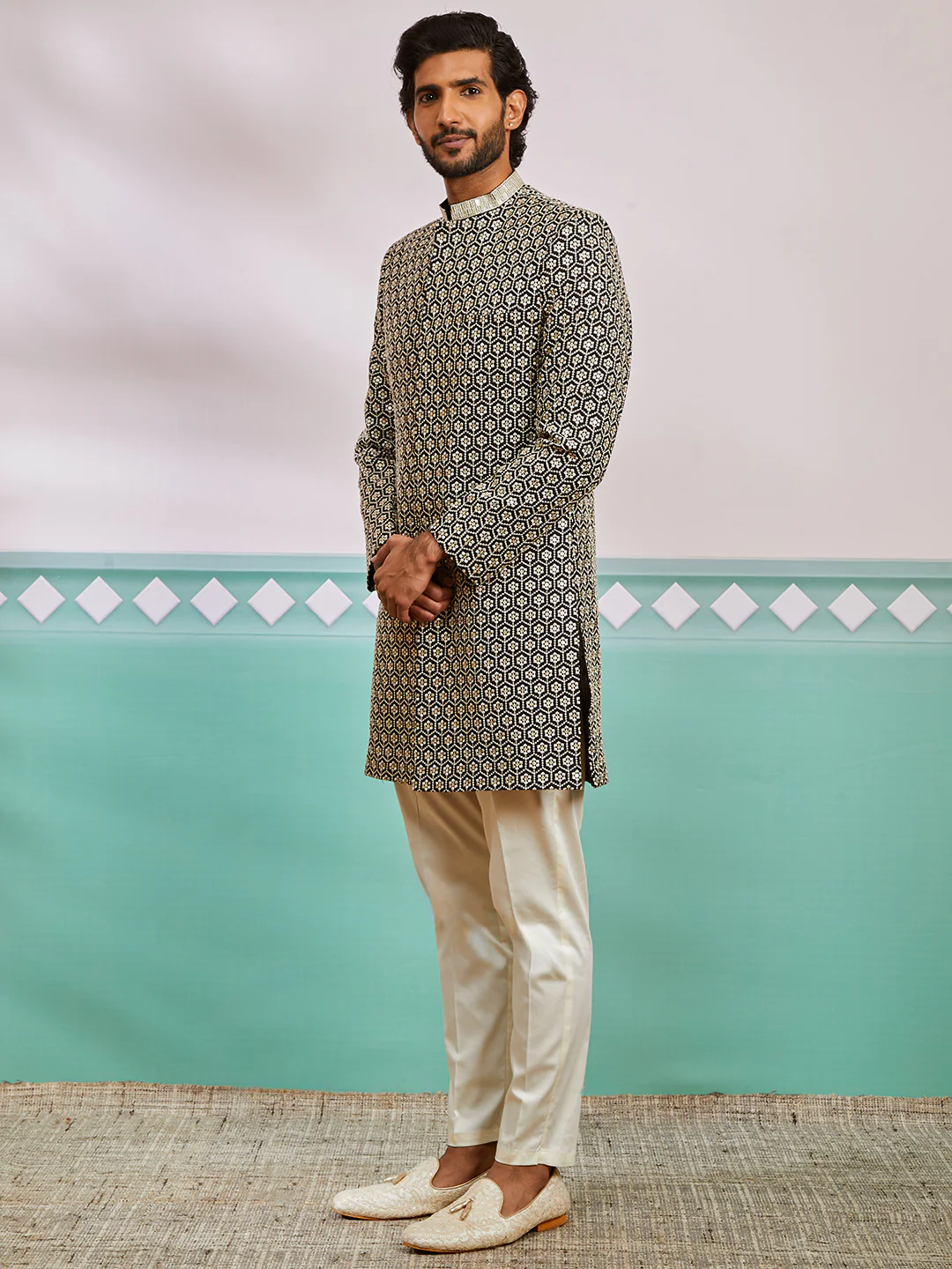Men's Black Rayon Indo Western And Pyjama Set - Image 4