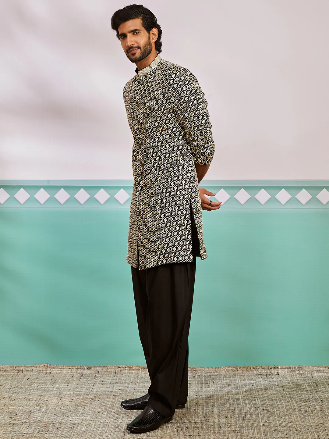 Men's Black Rayon Indo Western,Patiala Set - Image 4