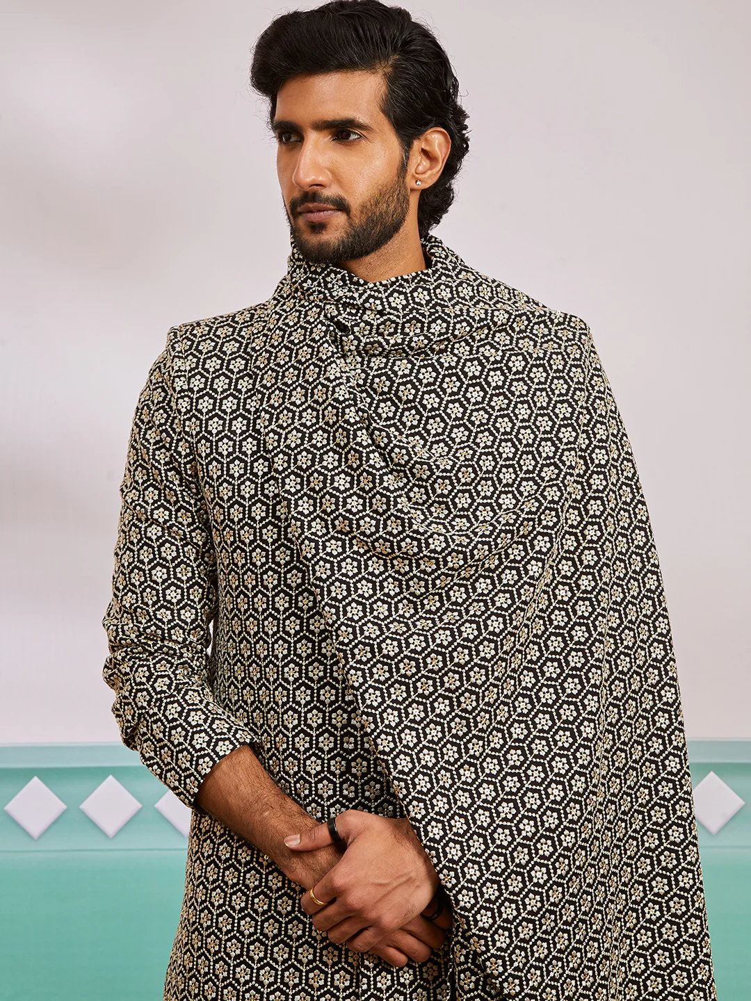 Men's Black Rayon Indo Western,Patiala And Dupatta Set - Image 3