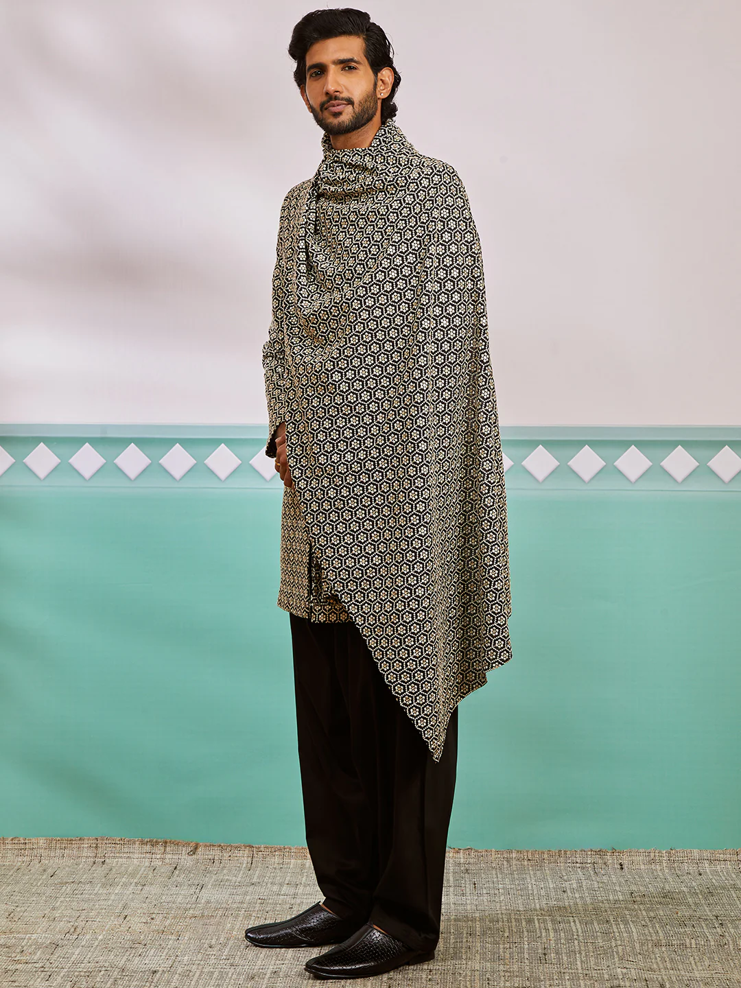 Men's Black Rayon Indo Western,Patiala And Dupatta Set - Image 4