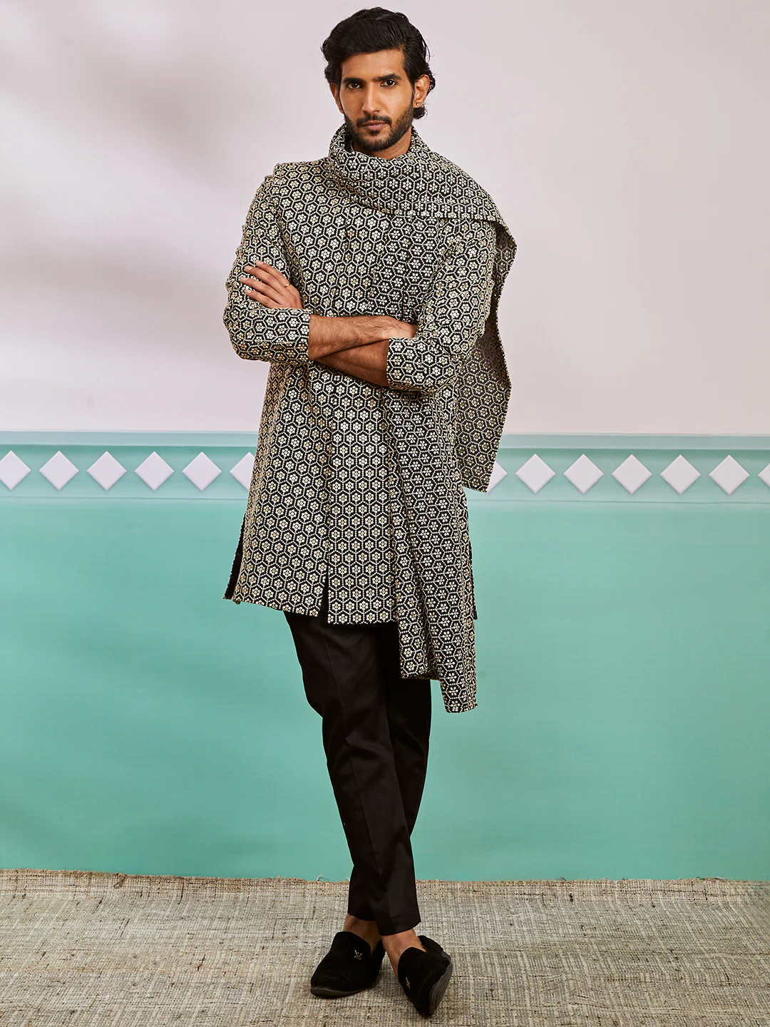 Men's Black Rayon Indo Western,Pyjama And Dupatta Set - Image 3