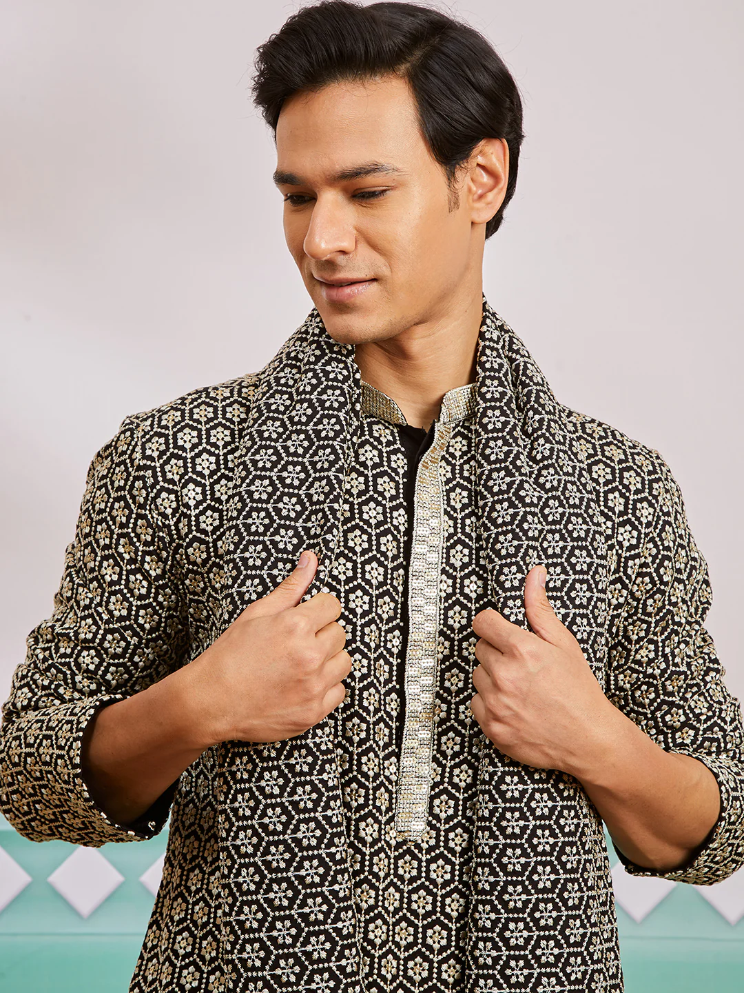 Men's Black Rayon Kurta, Pyjama And Dupatta Set. - Image 3