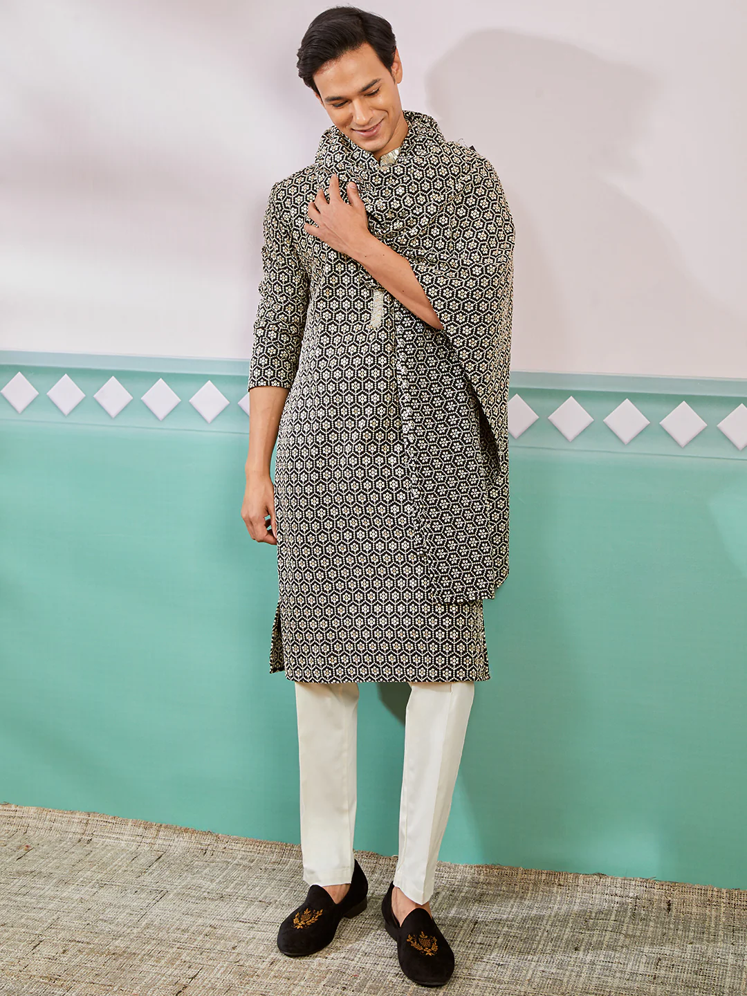 Men's Black Rayon Kurta, Pyjama And Dupatta Set.