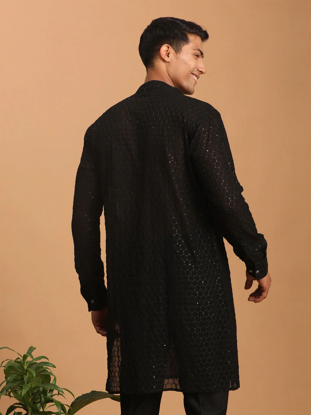 Men's Black Sequined Front Open Georgette Kurta - Image 3