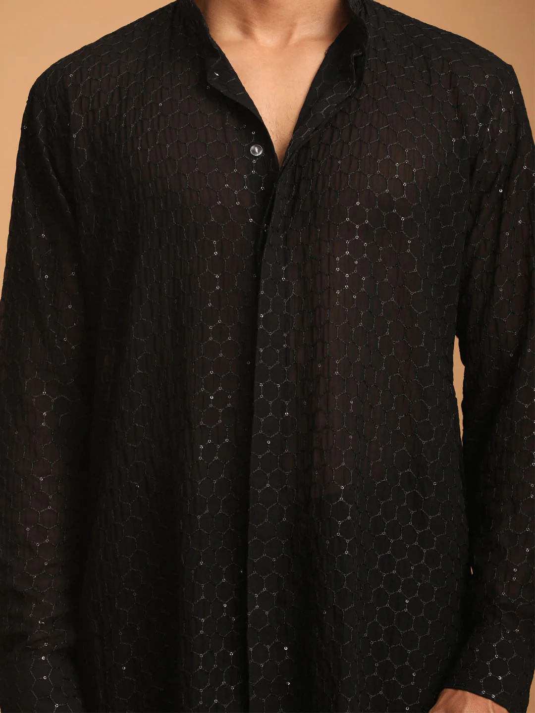 Men's Black Sequined Front Open Georgette Kurta - Image 4
