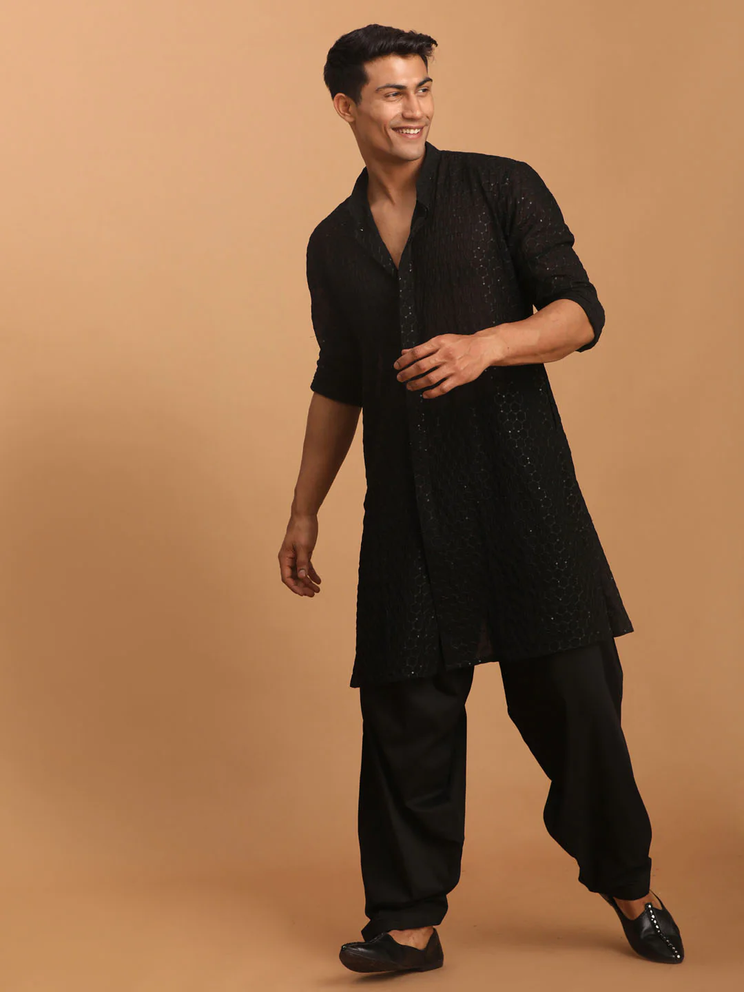 Men's Black Sequined Front Open Georgette Kurta With Patiala - Image 6