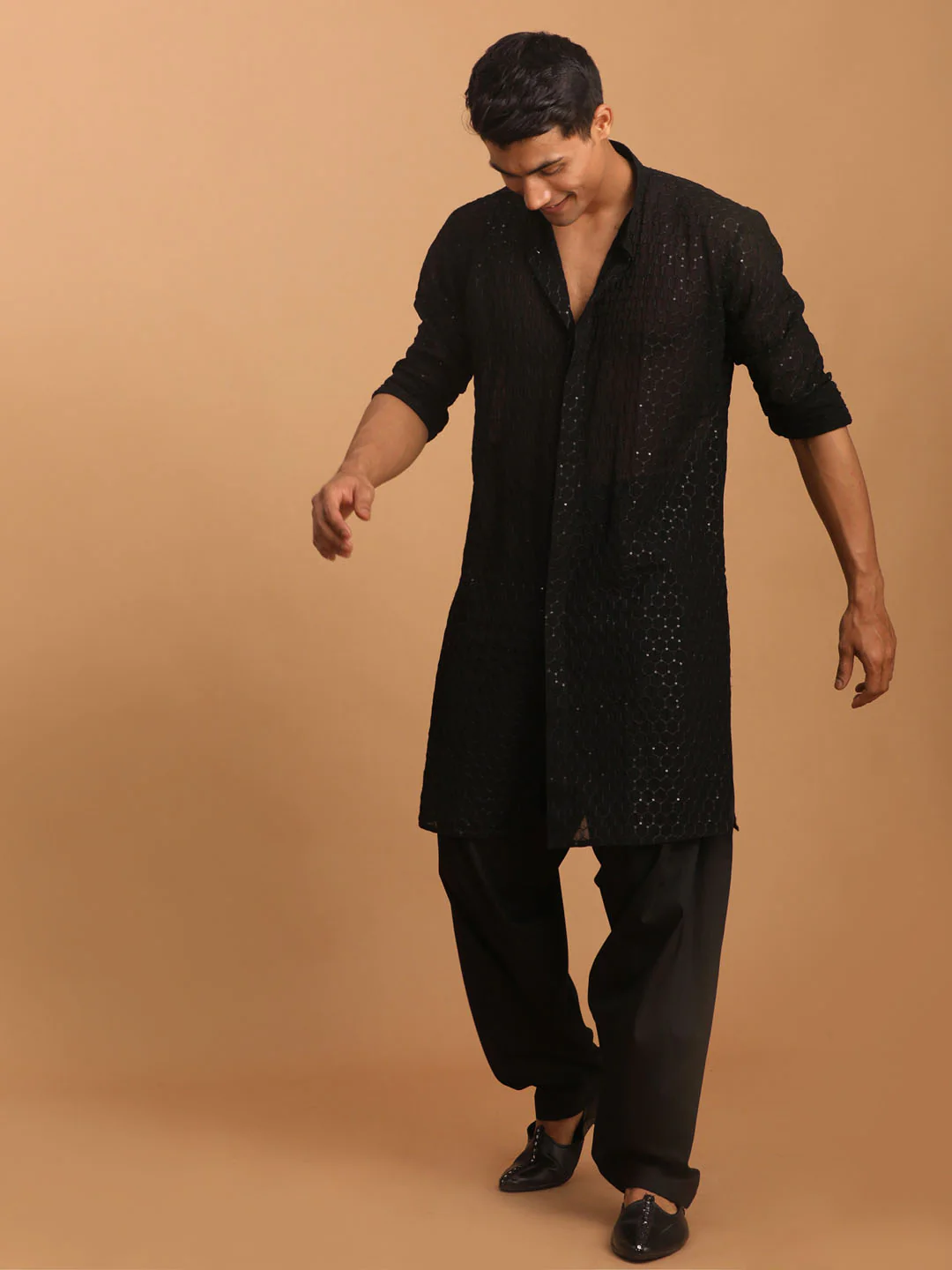 Men's Black Sequined Front Open Georgette Kurta With Patiala - Image 7