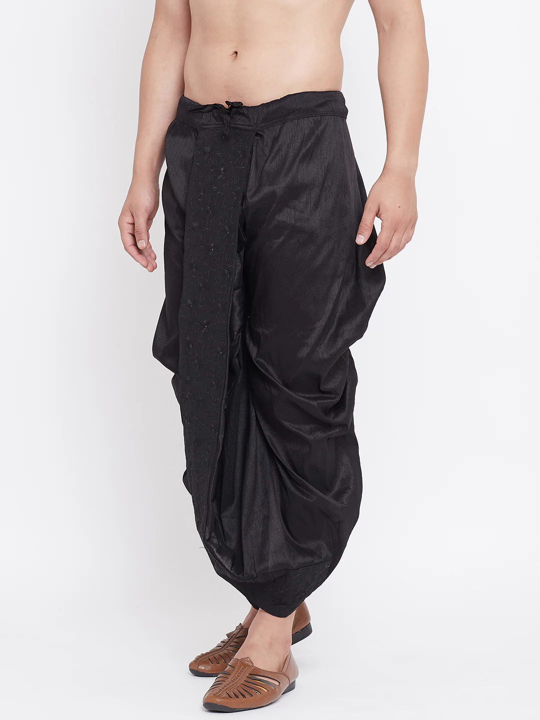 Men's Black Silk Blend Embroidered Dhoti - Image 2