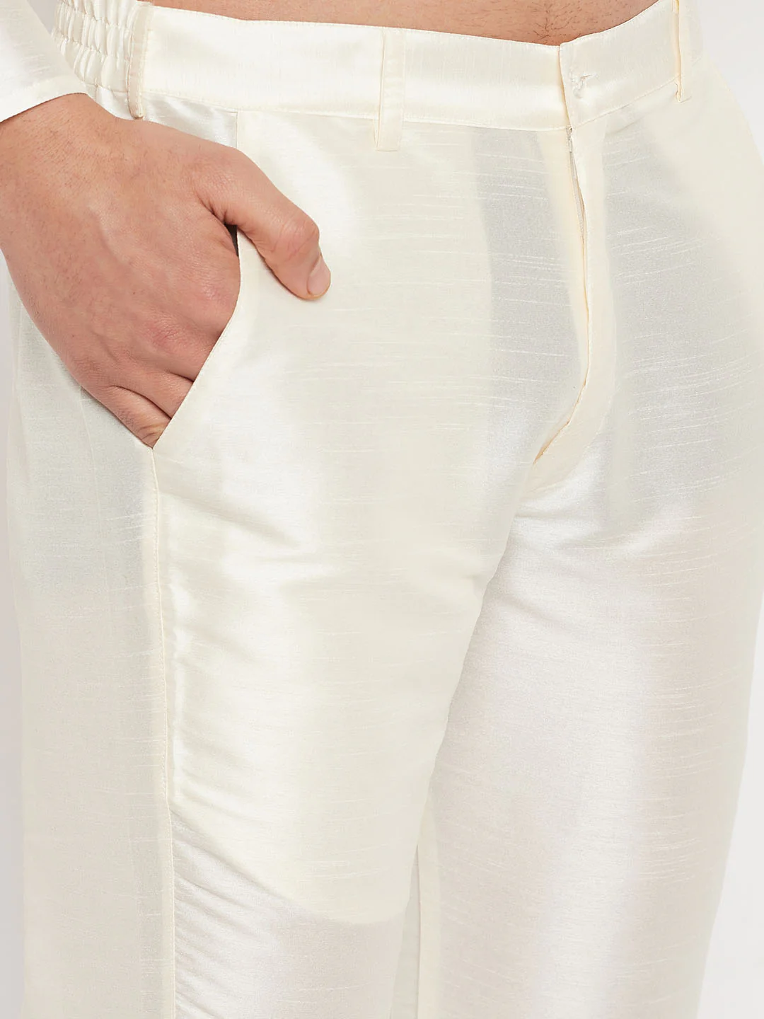 Men's Black Silk Blend Kurta And Cream Pant Style Pyjama Set - Image 5