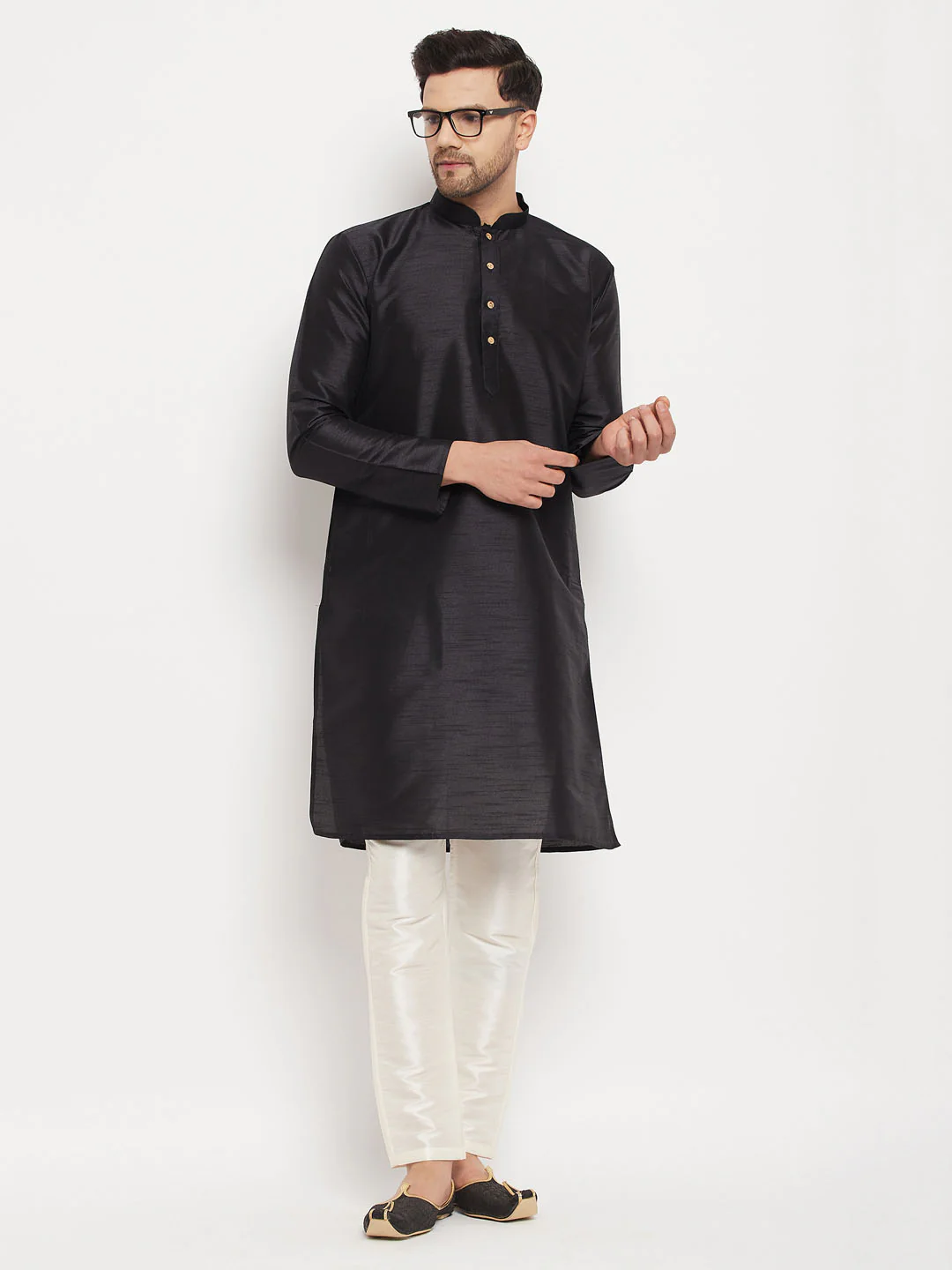 Men's Black Silk Blend Kurta And Cream Pant Style Pyjama Set - Image 6