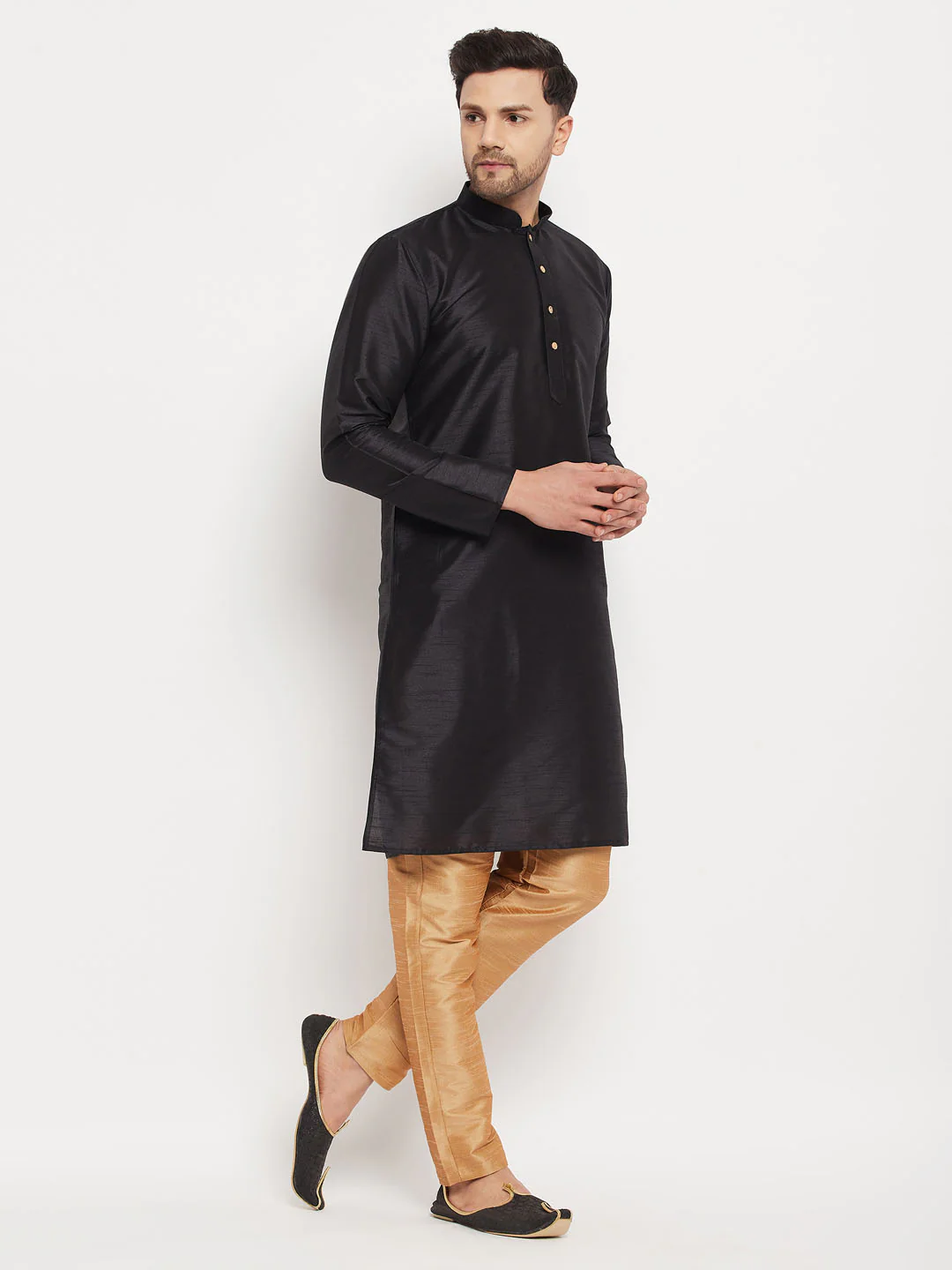 Men's Black Silk Blend Kurta And Rose Gold Pant Style Pyjama Set - Image 2
