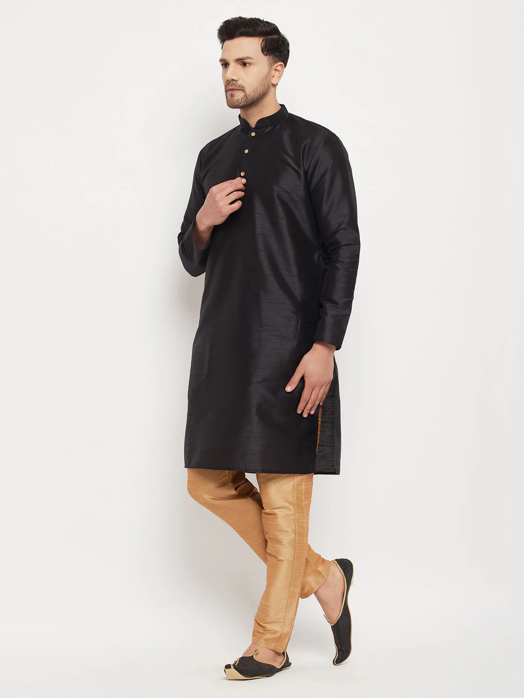 Men's Black Silk Blend Kurta And Rose Gold Pant Style Pyjama Set - Image 7
