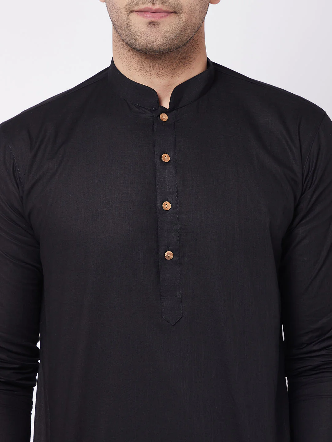 Men's Black Solid Cotton Blend Kurta & White Pyjama Set - Image 5